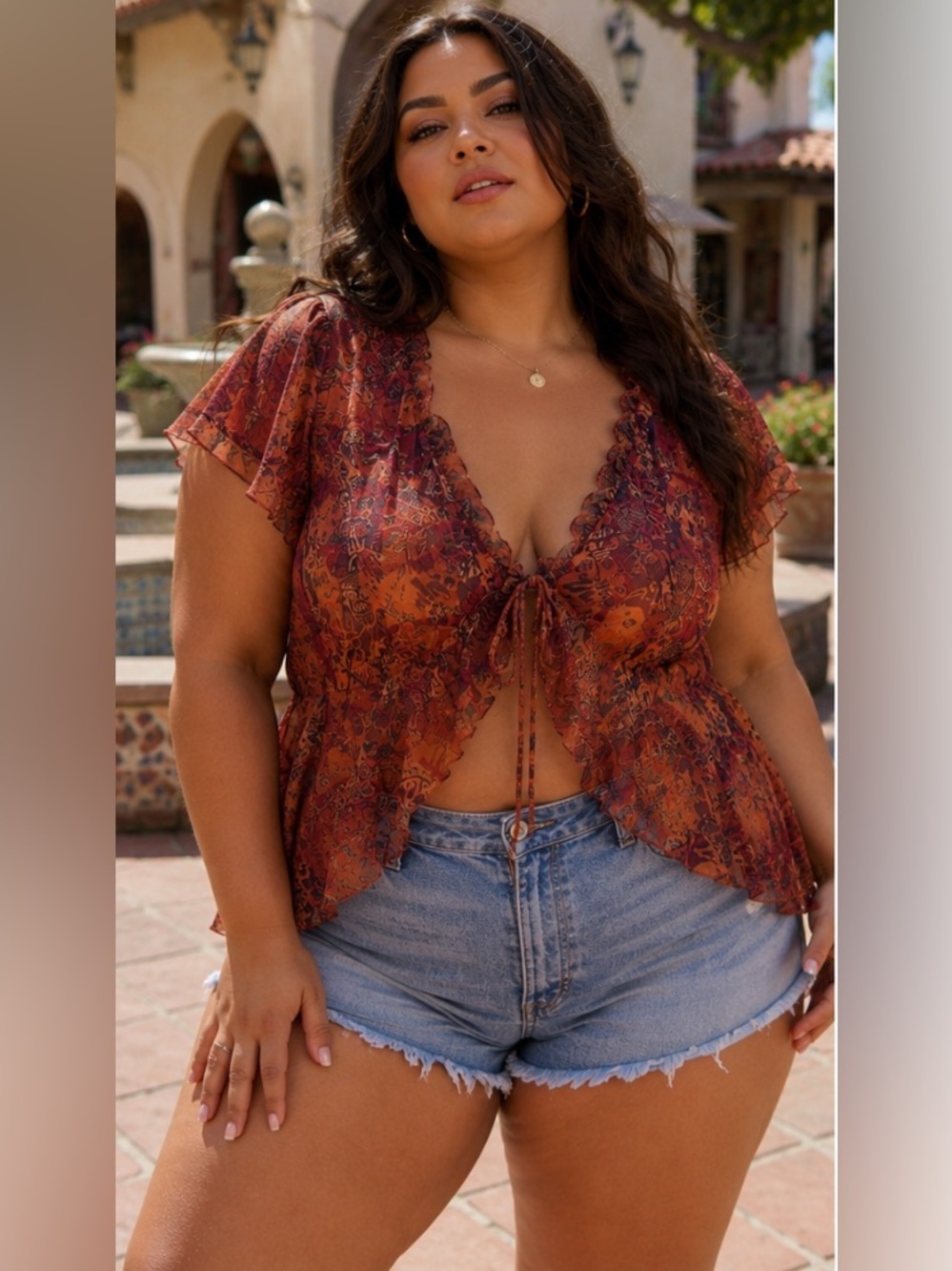 Y2K 90s granola earth core boho Ruffle Tie-Front Blouse